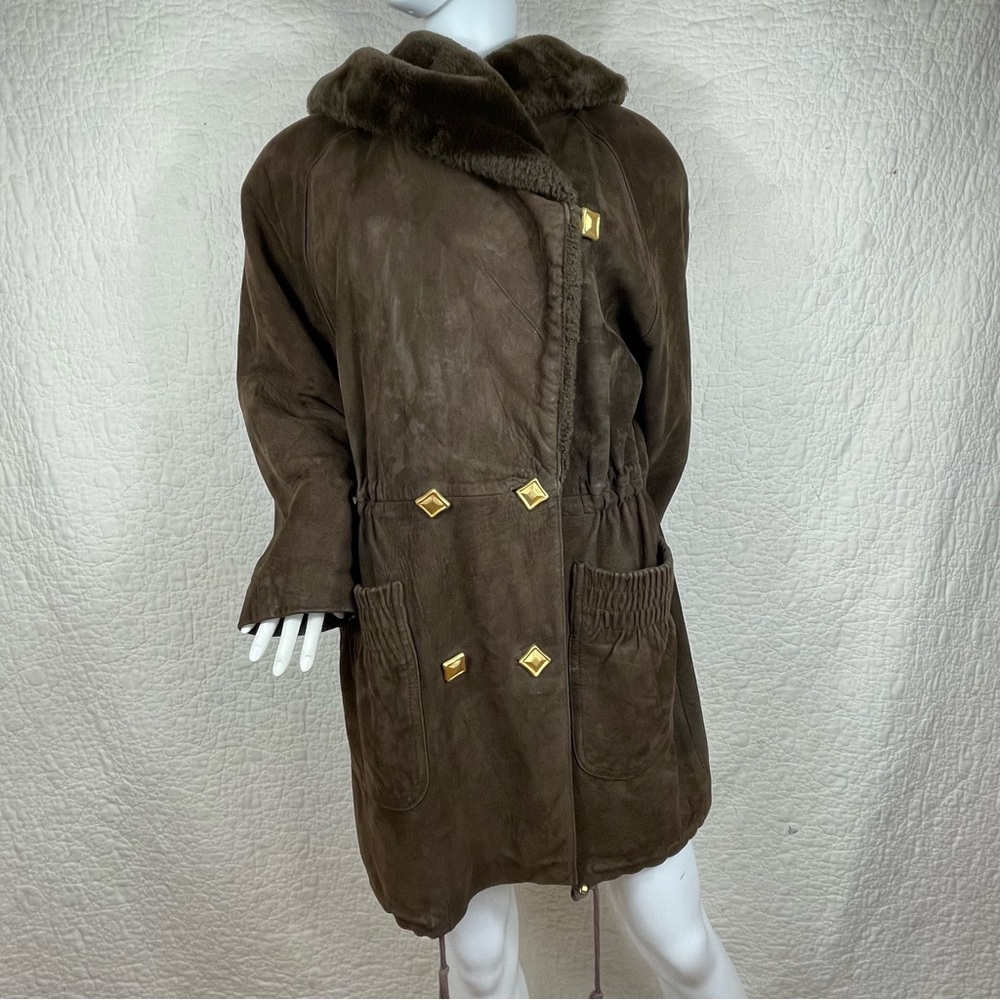 🔥Vintage Studio Siena 100%Leather Hooded Cinch Waist Insulated Oversized Jacket